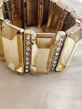 Vintage Faceted Pale Yellow Rhinestone Link Bracelet, Gold-Bronze Tone Setting